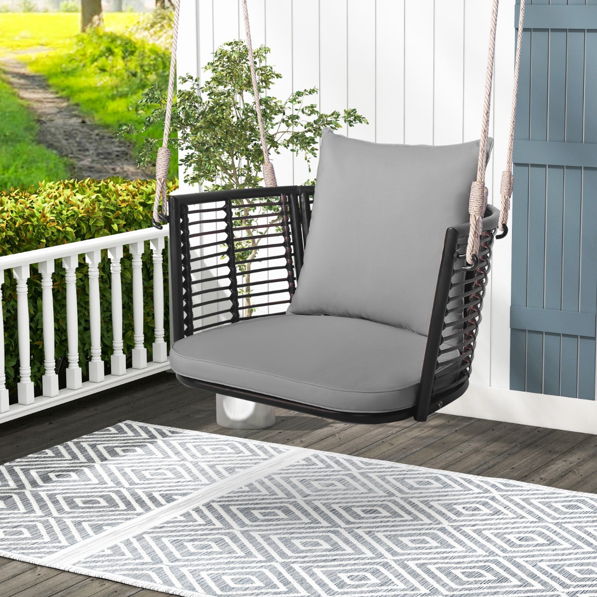 Hängesessel Rattan bis 180kg belastbar Hängesitz mit Kissens & Metallrahmen Grau