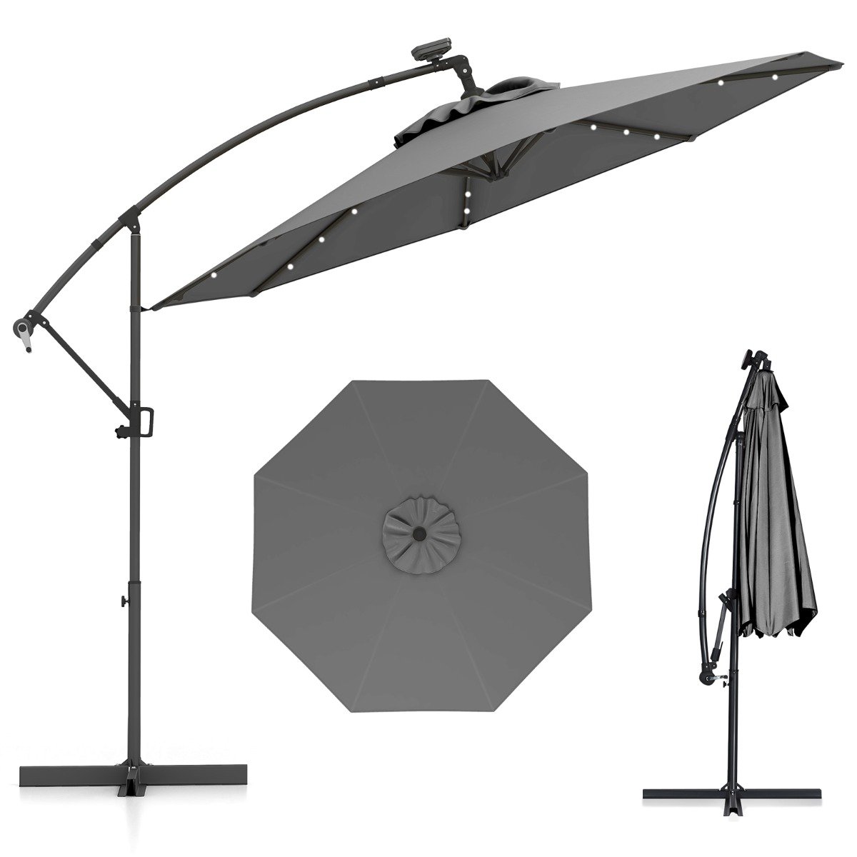 300 cm Sonnenschirm mit 32 Solar-LED-Leuchten & Kurbel Gartenschirm Marktschirm Grau