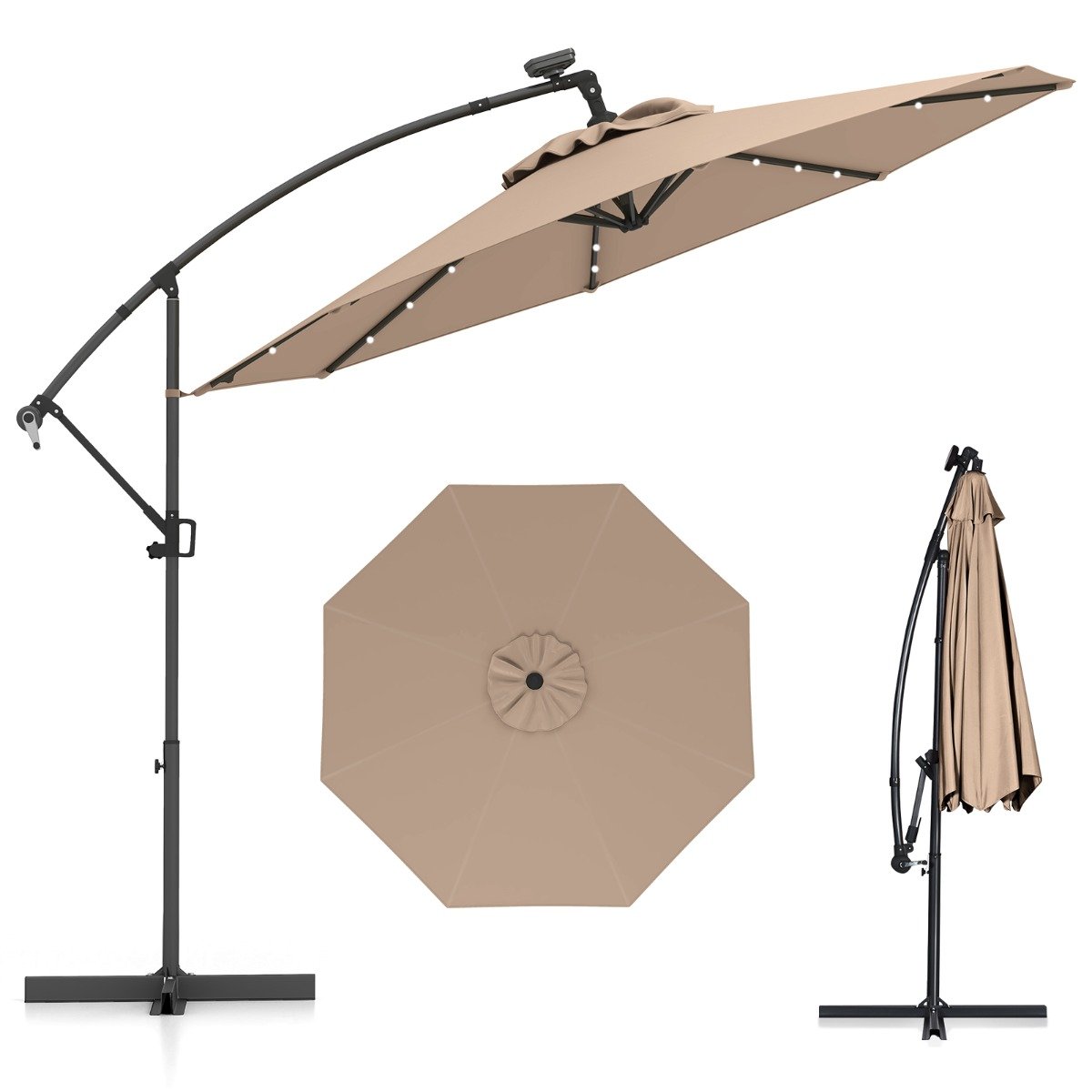 300 cm Sonnenschirm mit 32 Solar-LED-Leuchten & Kurbel Gartenschirm Marktschirm Braun