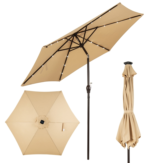 Sonnenschirm mit Solar- LED-Beleuchtung Ampelschirm Gartenschirm Kurbelschirm 2,7M-beige