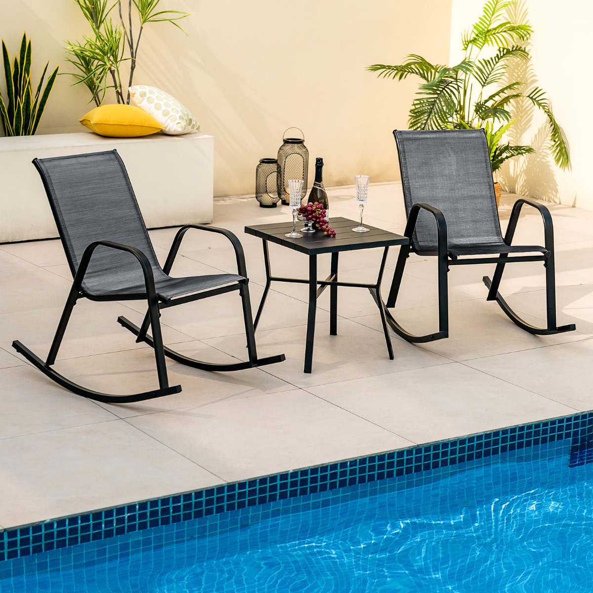 2er Set Schaukelstühle mit Atmungsaktivem Stoffsitz Ergonomische Schaukel Schwarz
