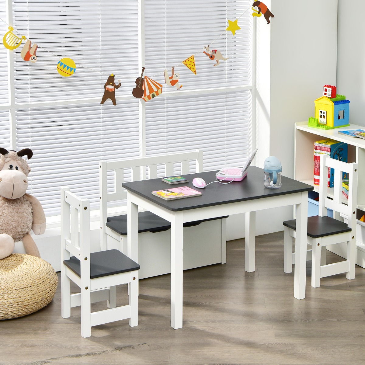 4 teiliges Kindersitzgruppe Holz Sitzgruppe Kinder Kindertischgruppe Grau + Weiß