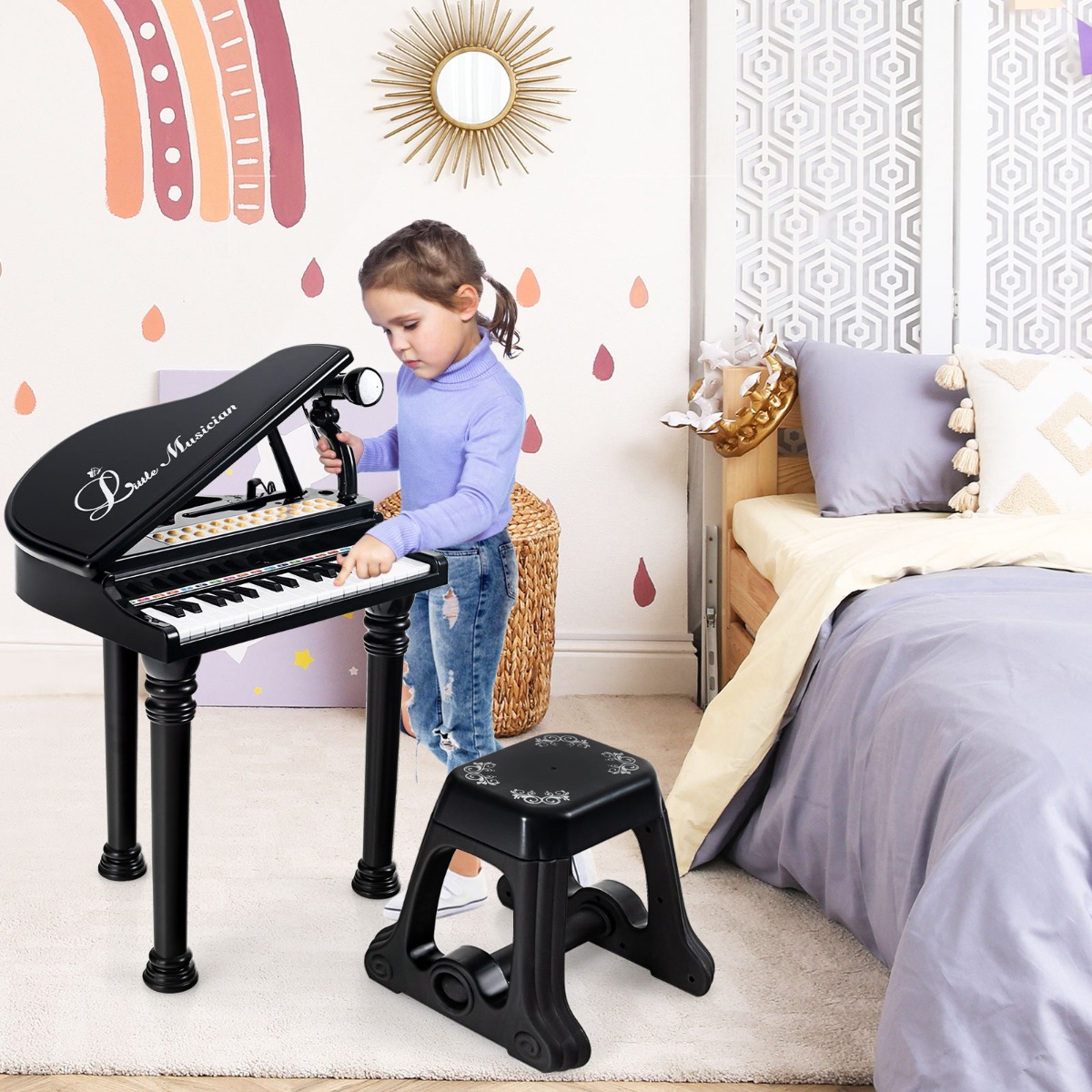 Kinderklavier mit 31 Tasten & Hocker Spielzeugklavier tragbar 35 x 30 x 55 cm Schwarz