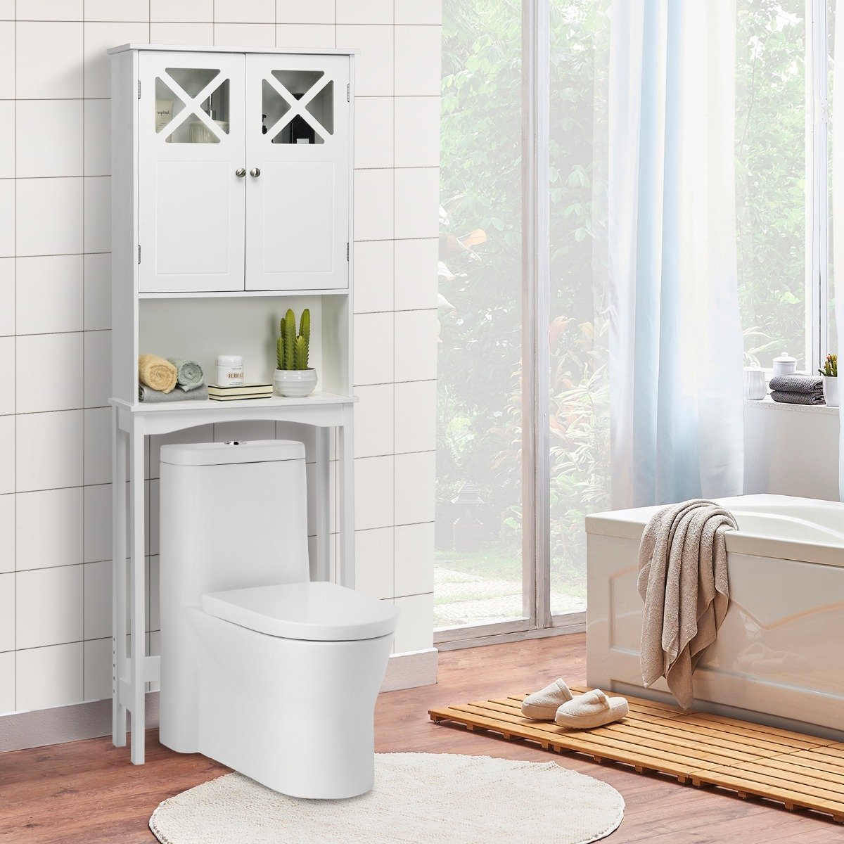 Badezimmer-Schrank Badezimmerregal mit Anti-Kipp-Design X-förmiger Doppeltürschrank Weiß