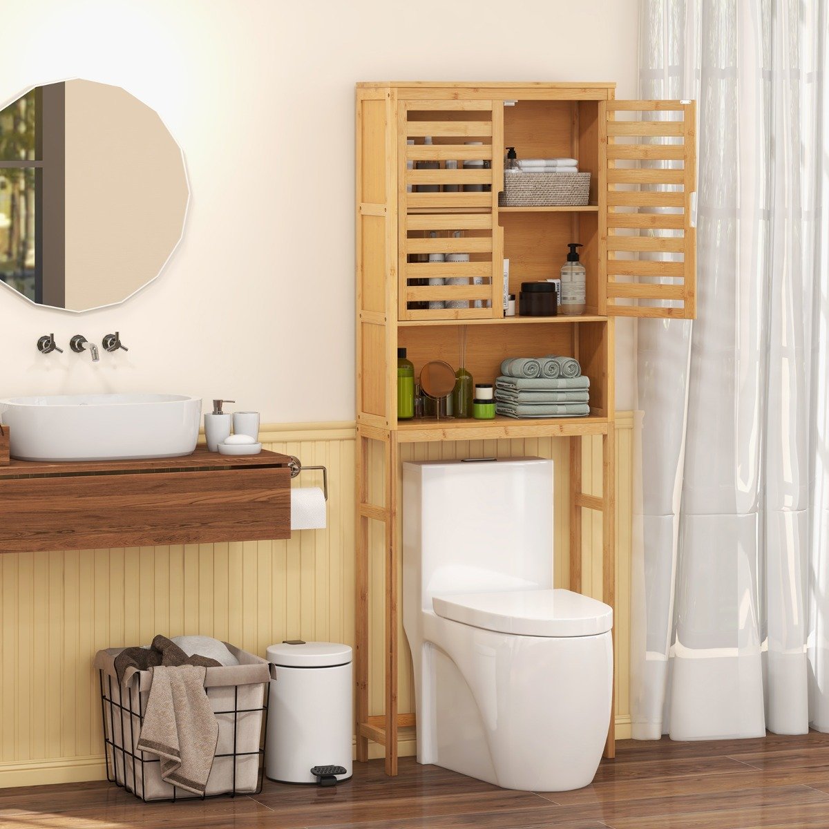 Bambus Toilettenschrank mit 2 Lamellentüren & Offenem Regal & Verstellbaren Querbalken