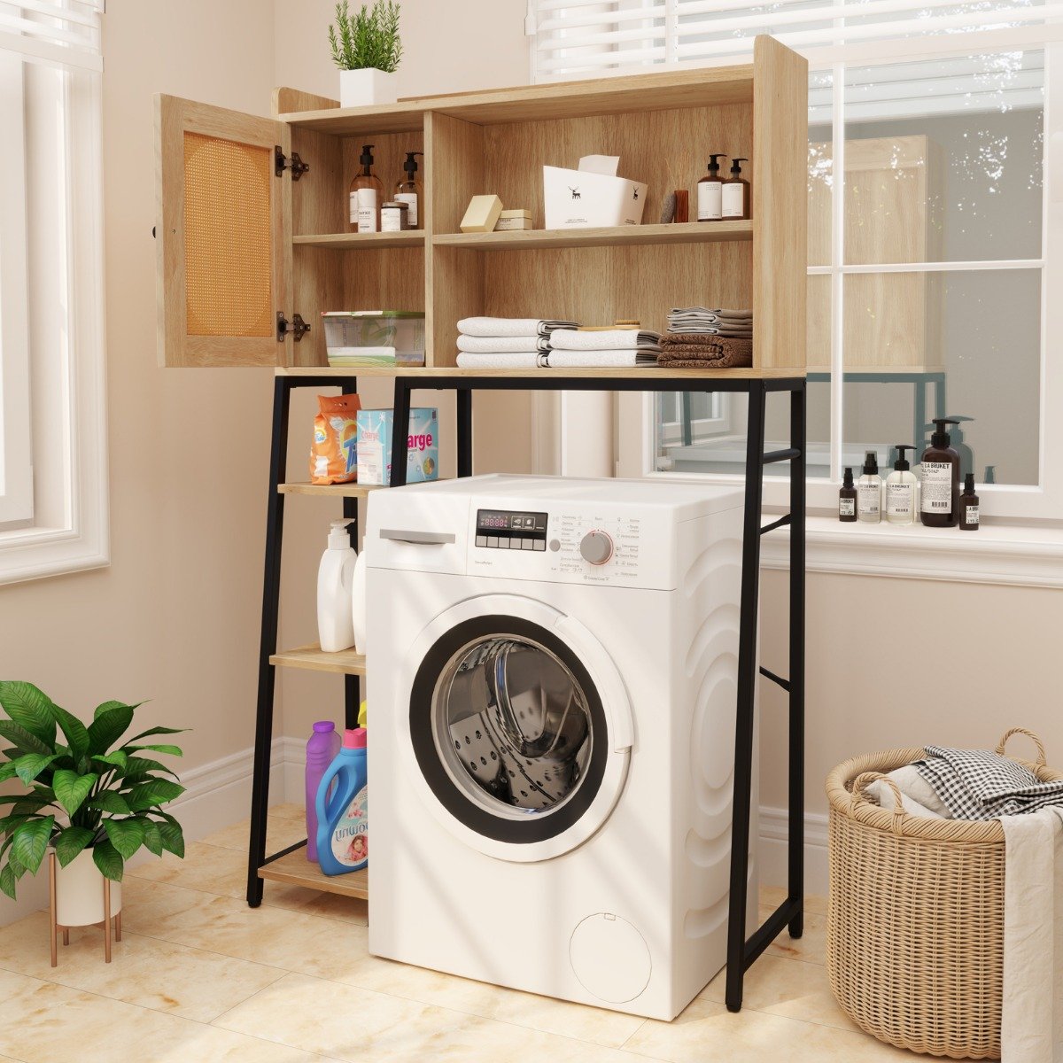 Toilettenschrank mit PE-Rattan Tür Toilettenregal mit verstellbarem Regal Natur