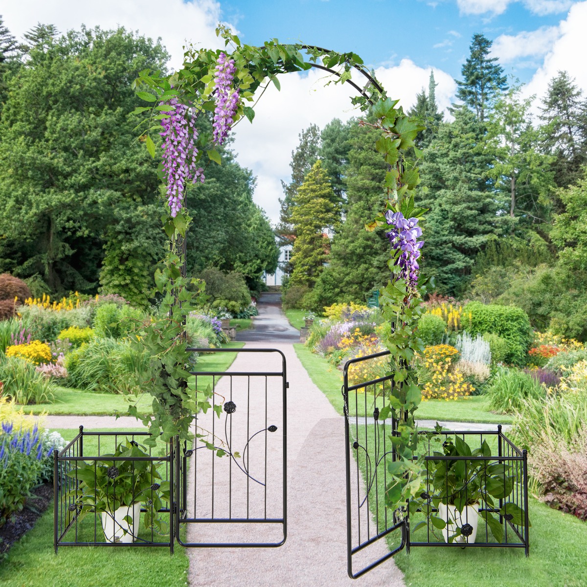 Metall Rosenbogen mit Tür & 2 Pflanzgefäßen Gartenbogen 202 x 50 x 220 cm Schwarz