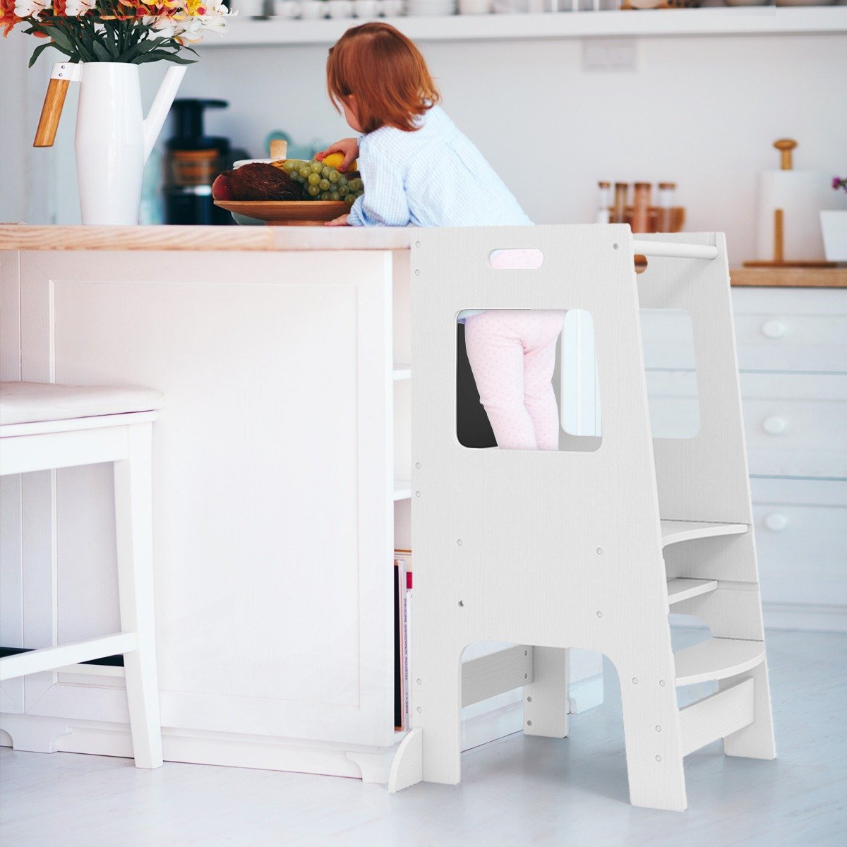 2 in 1 Küchenhelfer Lernturm mit 3 Verstellbarer Höhen & Kreidetafel Tritthocker Lernstuhl Weiß