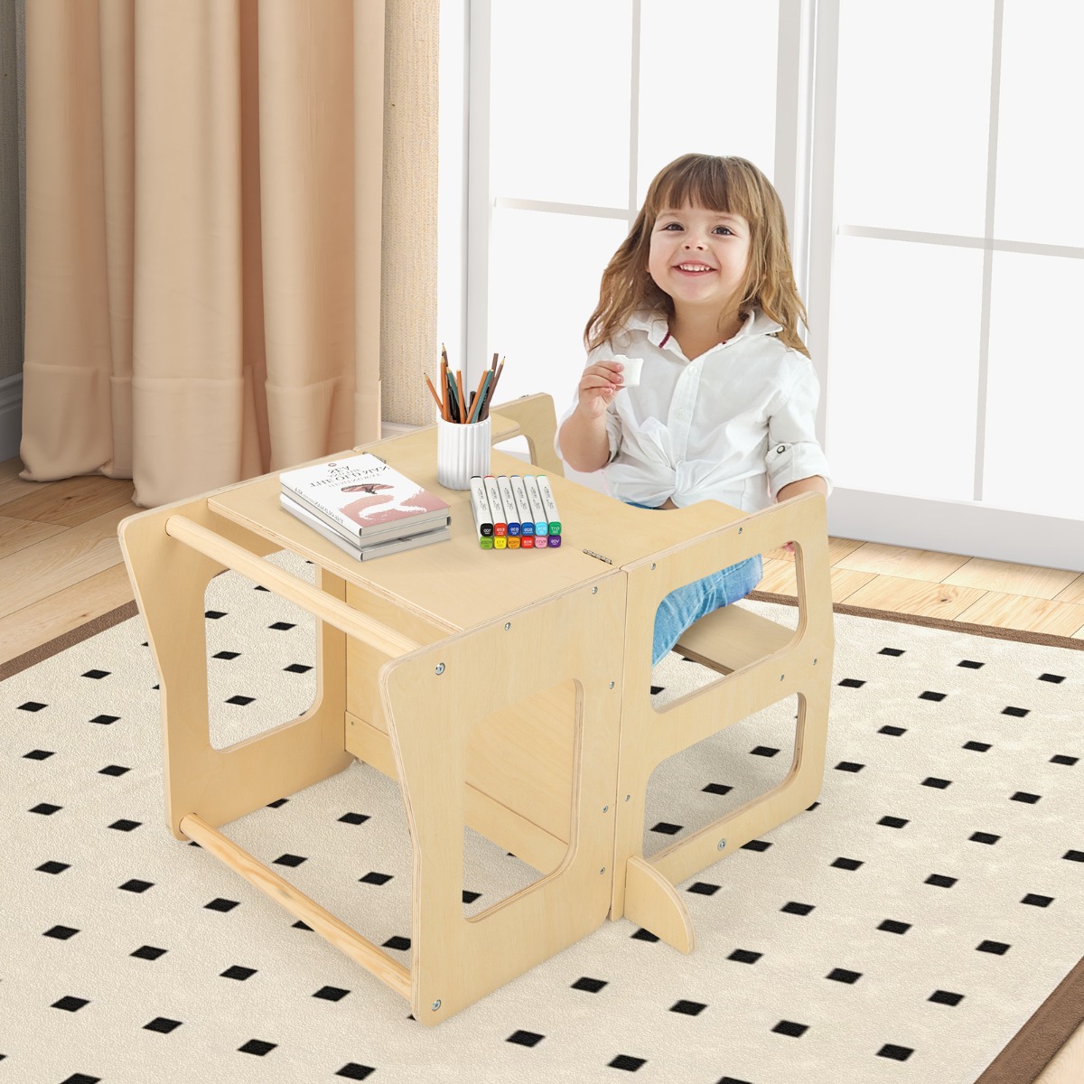 3 in 1 Kinder Lernturm Klappbarer Tritthocker & Tafel & Kindertisch-Set ab 1 Jahr Stehturm Natur