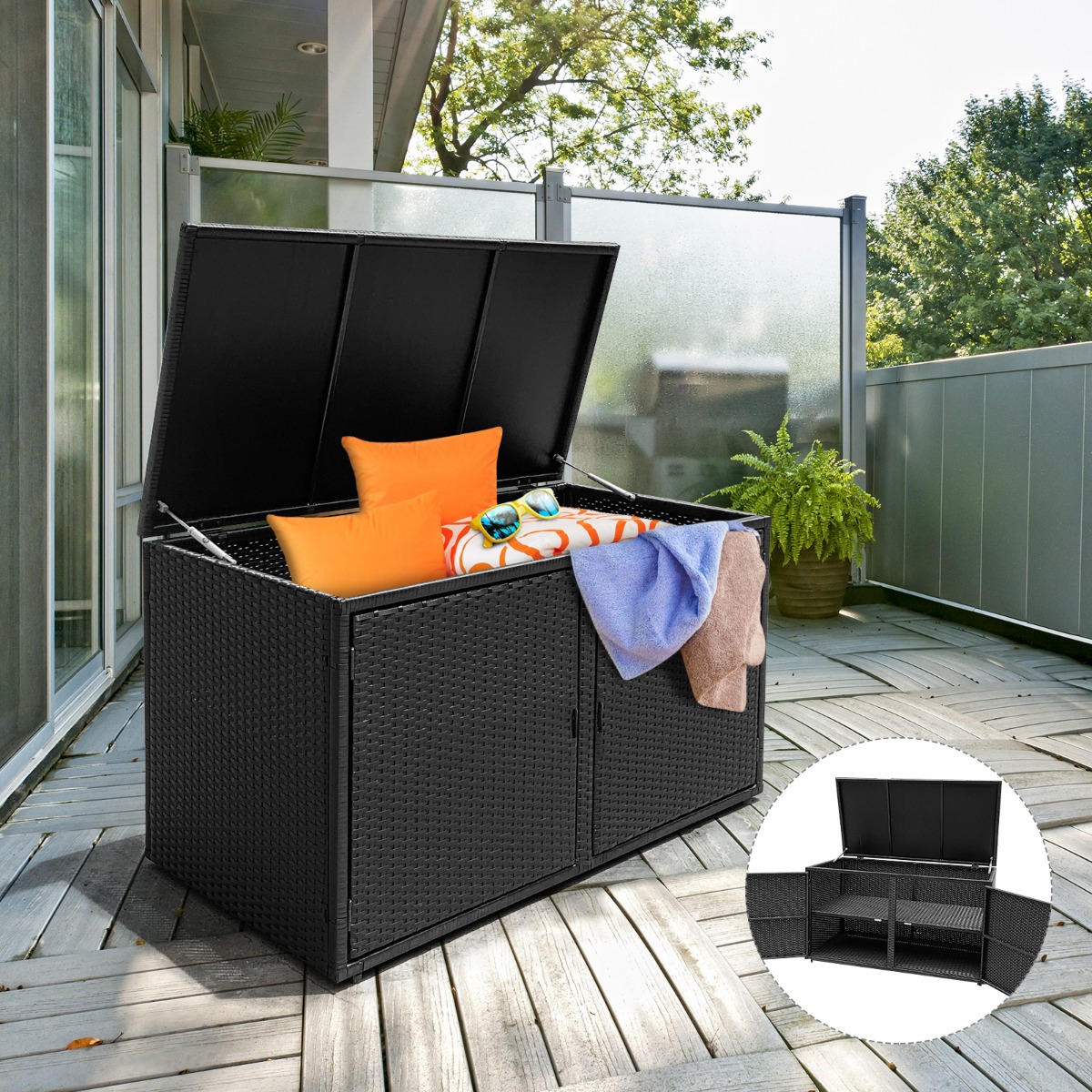 333L Rattan Auflagenbox mit Doppeltüren & Deckel & Ablage Kissenbox Gartenbox Sitzbank Schwarz