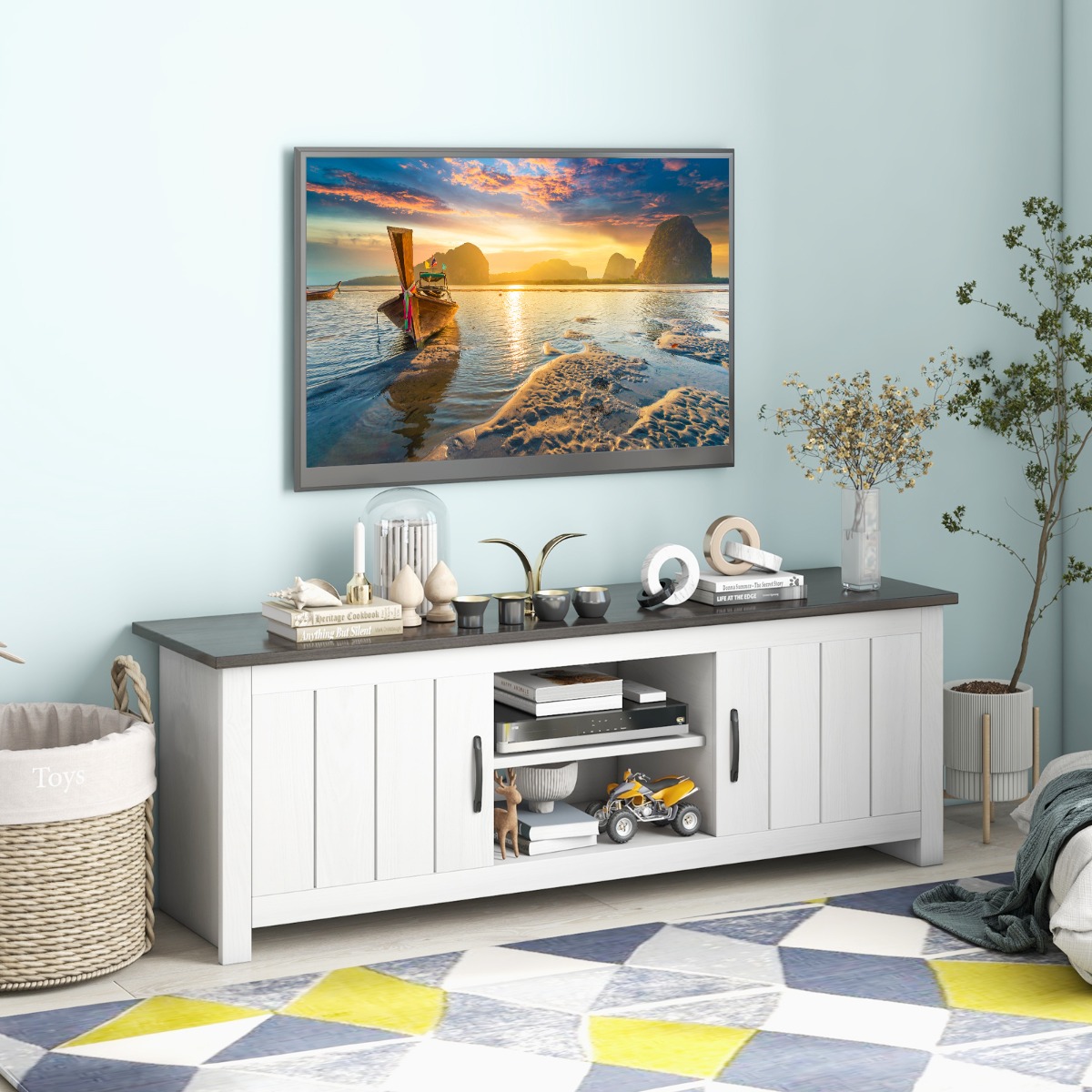 TV-Ständer mit 2 Türen & 2 Schränken & Offenen Regalen Fernsehtisch für Fernseher bis 65" Dunkelgrau