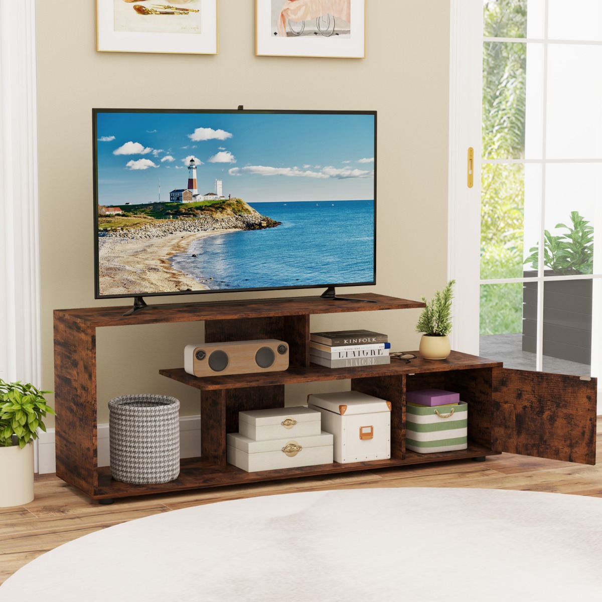 TV-Ständer für Fernseher bis zu 55 Zoll mit Ablageflächen & Schrank TV Schrank Lowboard Braun