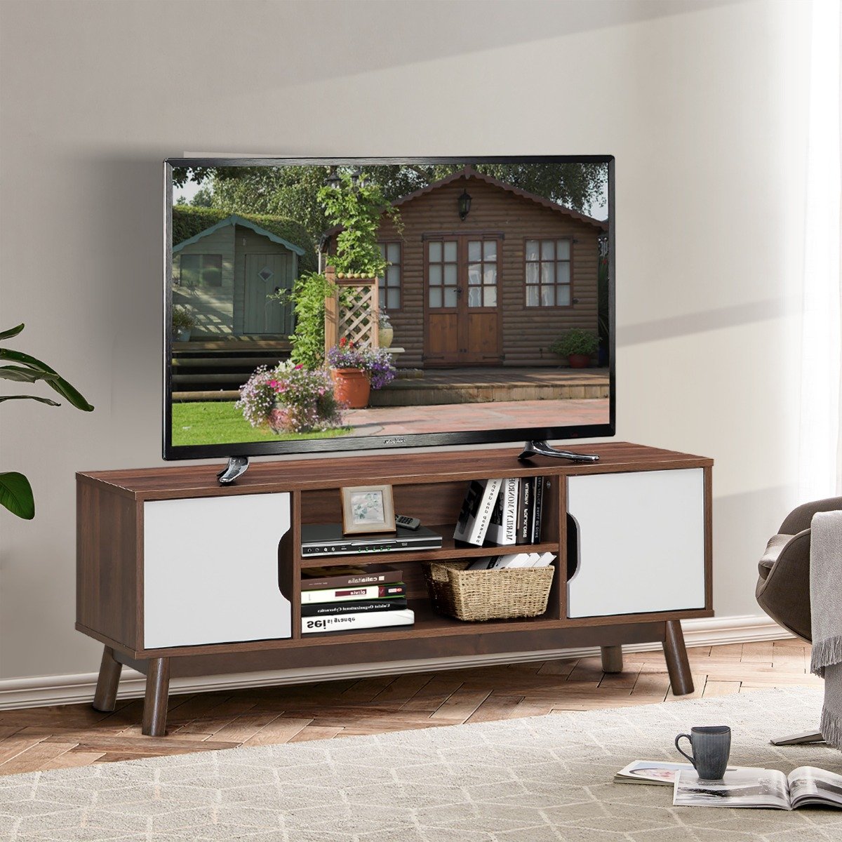 TV-Ständer Fernsehschrank Holz für TVs bis zu 50" Fernsehtisch mit offenem Regal Weiß