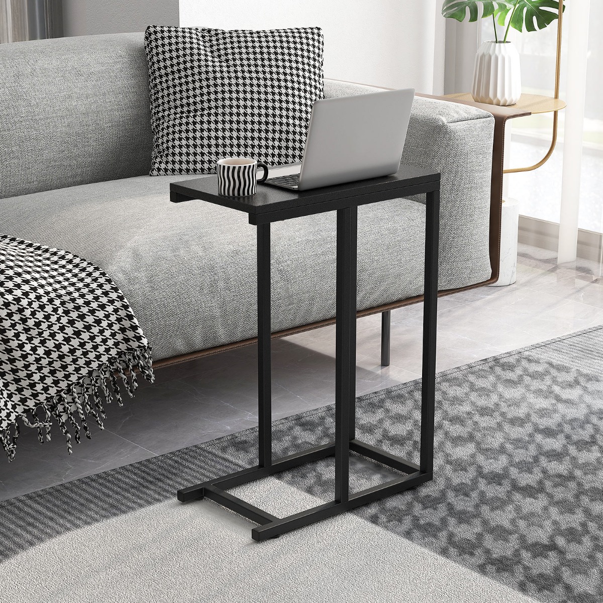 Beistelltisch C-Form Sofatisch mit Metallgestell Kaffeetisch für Wohnzimmer 45,5 x 25,5 x 64 cm Schwarz