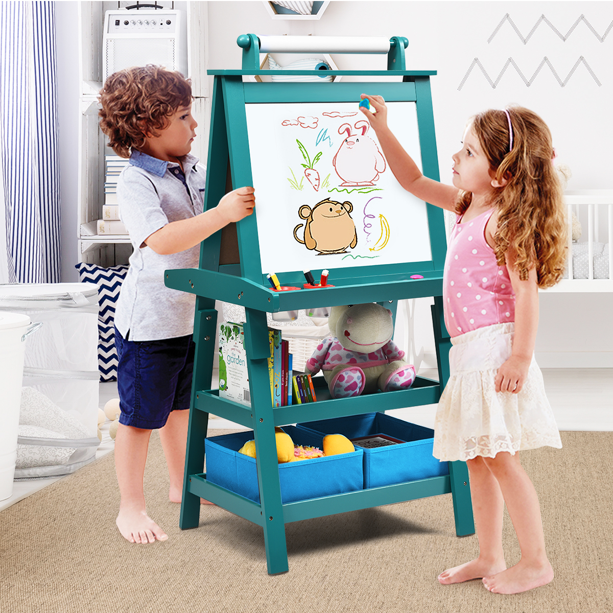 3 in 1 Kinder Staffelei Kindertafel doppelseitig Whiteboard & Kreidetafel & Zeichenpapier 59 x 50 x 117 cm Blau