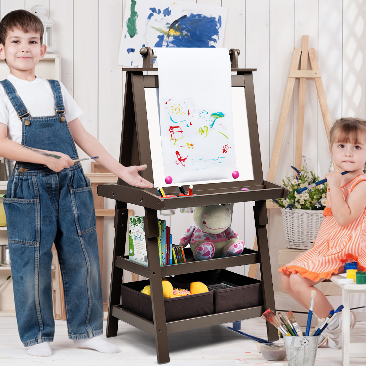 3 in 1 Kinder Staffelei Kindertafel doppelseitig Whiteboard Standtafel inkl. Magneten für Kleinkinder Kaffee