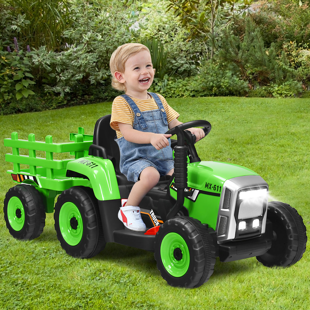 3-Gang Kinder Traktor 12V Aufsitztraktor mit abnehmbarem Anhänger & LED Lichtern Hupe & USB Funktionen Grün