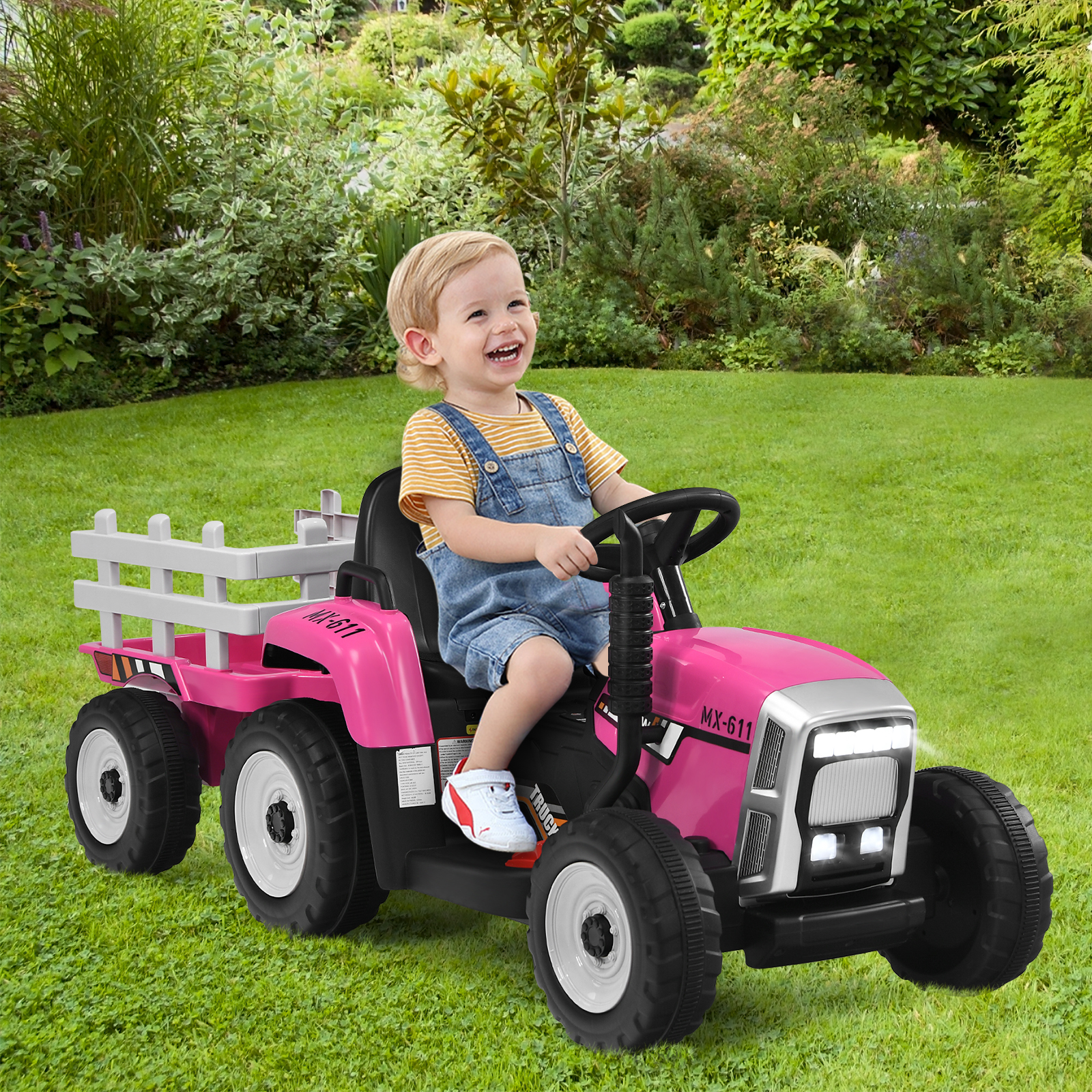 12V Kinder-Traktor mit Anhänger elektrisches Spielzeugauto 135 x 51 x 53 cm Rosa