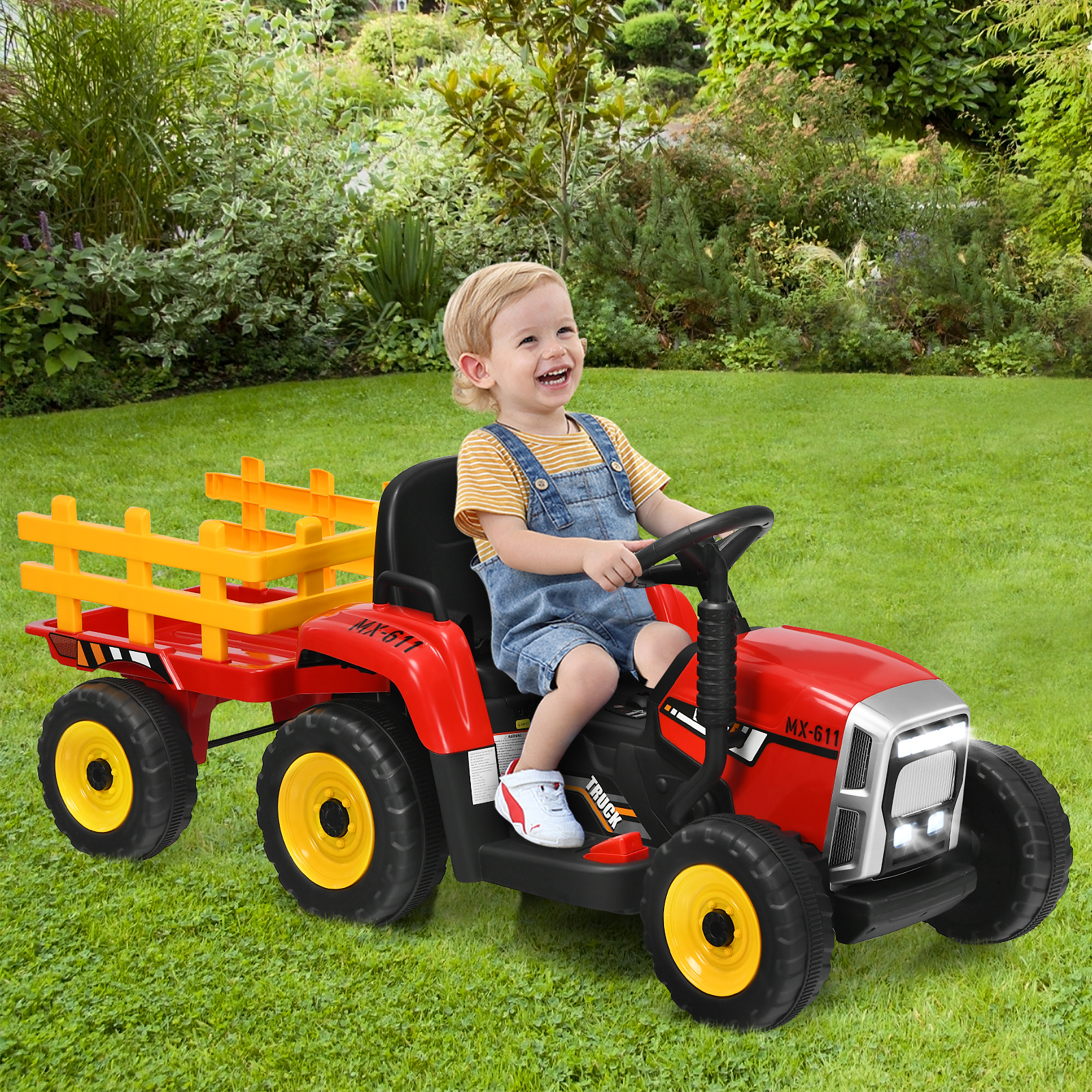 3-Gang Kinder Traktor 12V Aufsitztraktor mit abnehmbarem Anhänger Rot