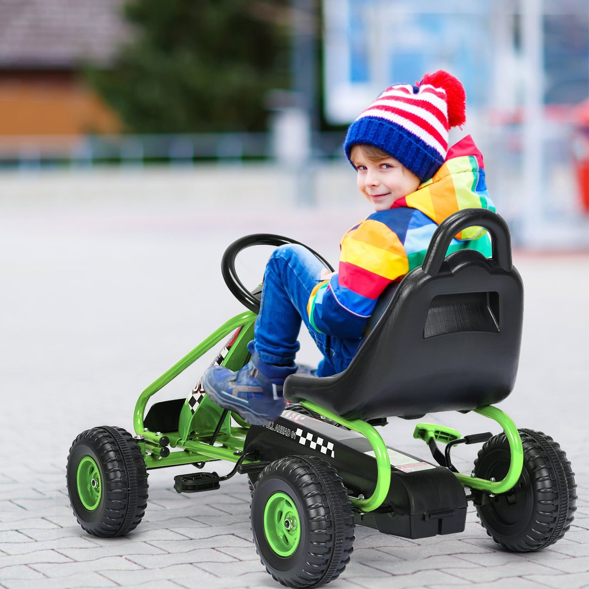 Pedal Go Kart mit verstellbarem Sitz 4 Räder Pedalbetriebenes Aufsitzauto 92 x 50 x 53 cm Grün + Schwarz