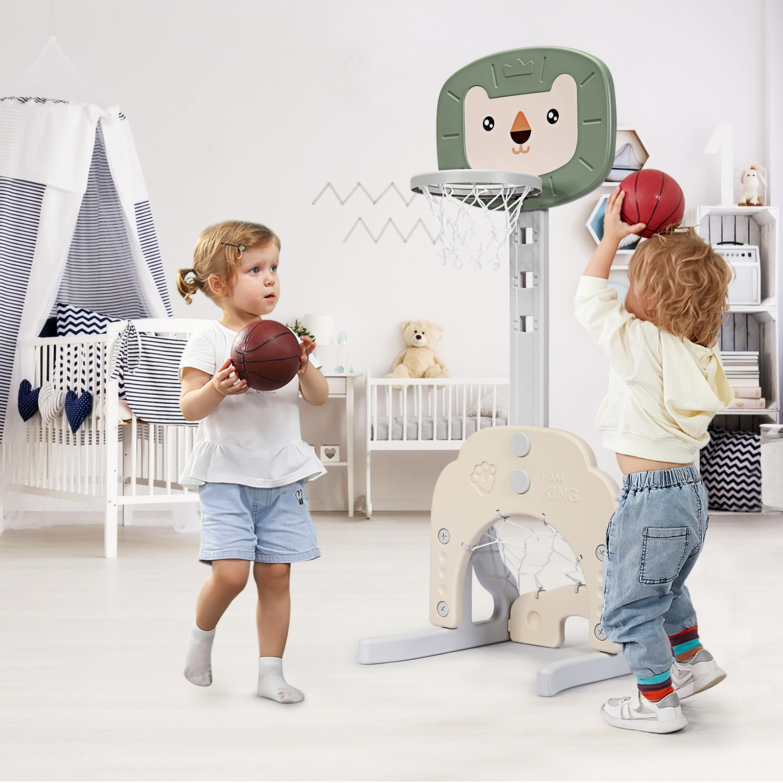 3-in-1 Basketballkorb-Set Kleinkind Basketballkorb mit einstellbarer Höhe Basketball Fußball Golf Set Grün + Weiß