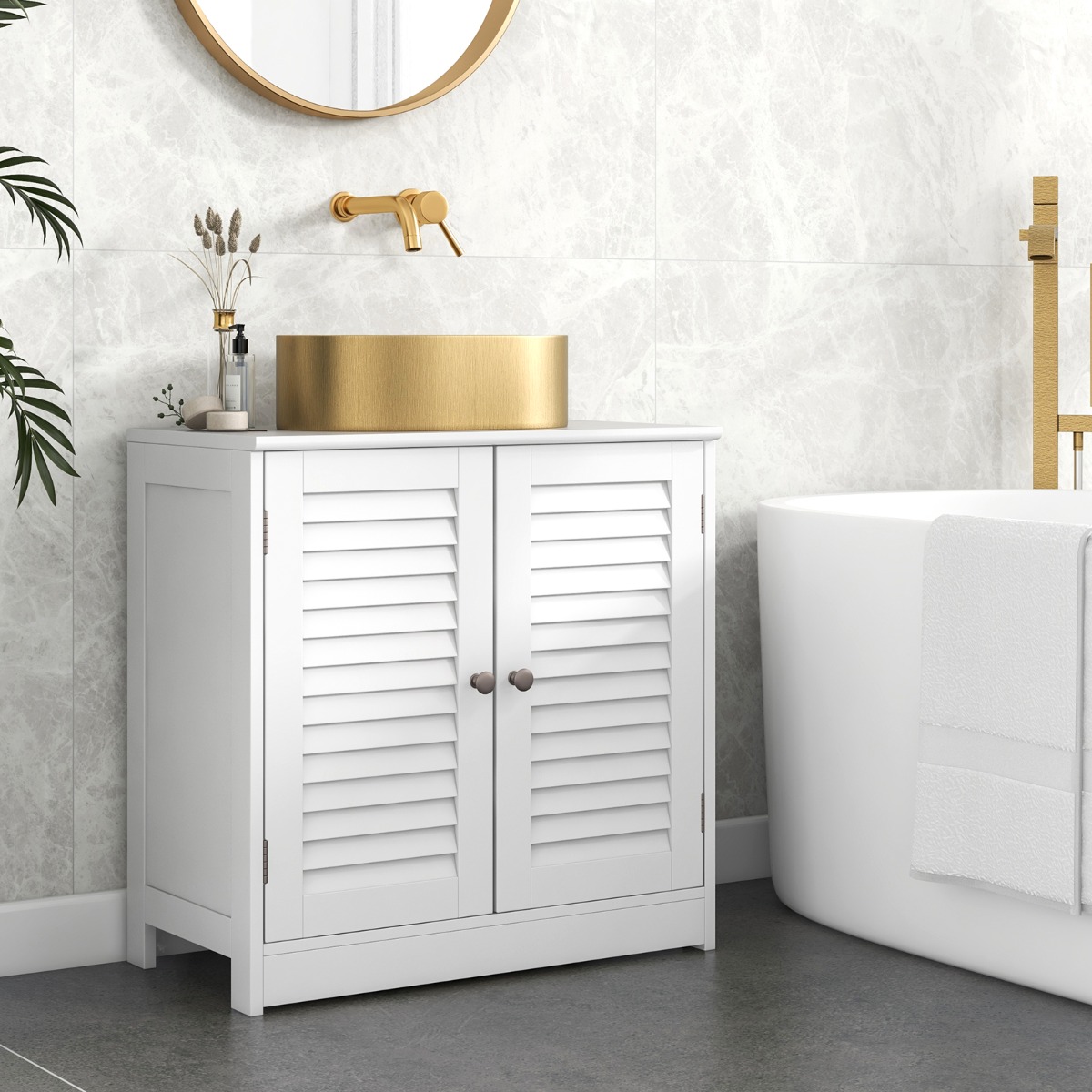 Badezimmerschrank mit 2 Türen & Verstellbaren Regal Waschbeckenunterschrank in Landhausstil