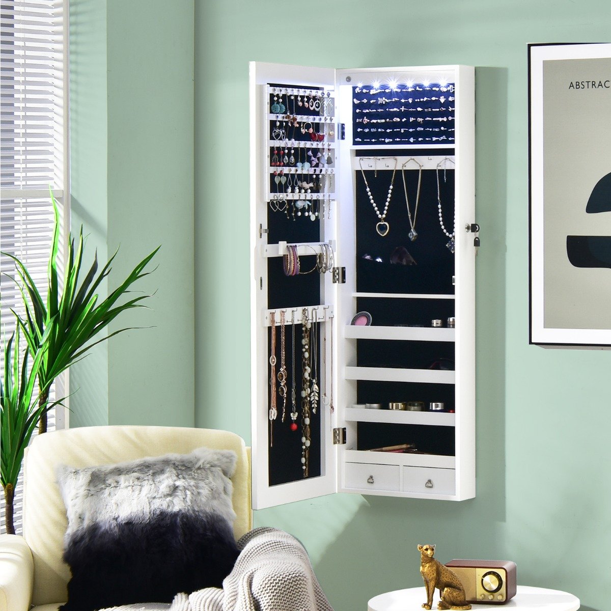 Verspiegelter Schmuckschrank Abschließbar Wand- / Türmontage 36 x 10 x 108 cm Weiß
