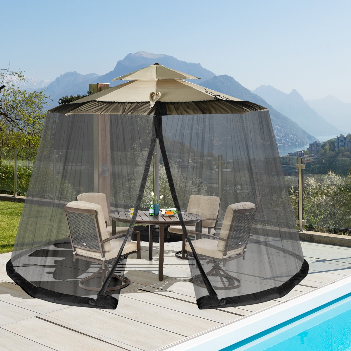 Sonnenschirm Moskitonetz mit 2 Türen und Doppelreißverschluss Sonnenschirm 12,5 x 2,3 m Schwarz
