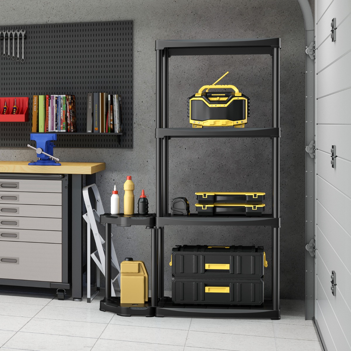 4-stufiges Garagenregal mit 2-stufigem Werkzeugorganizer Lagerregal Schwarz
