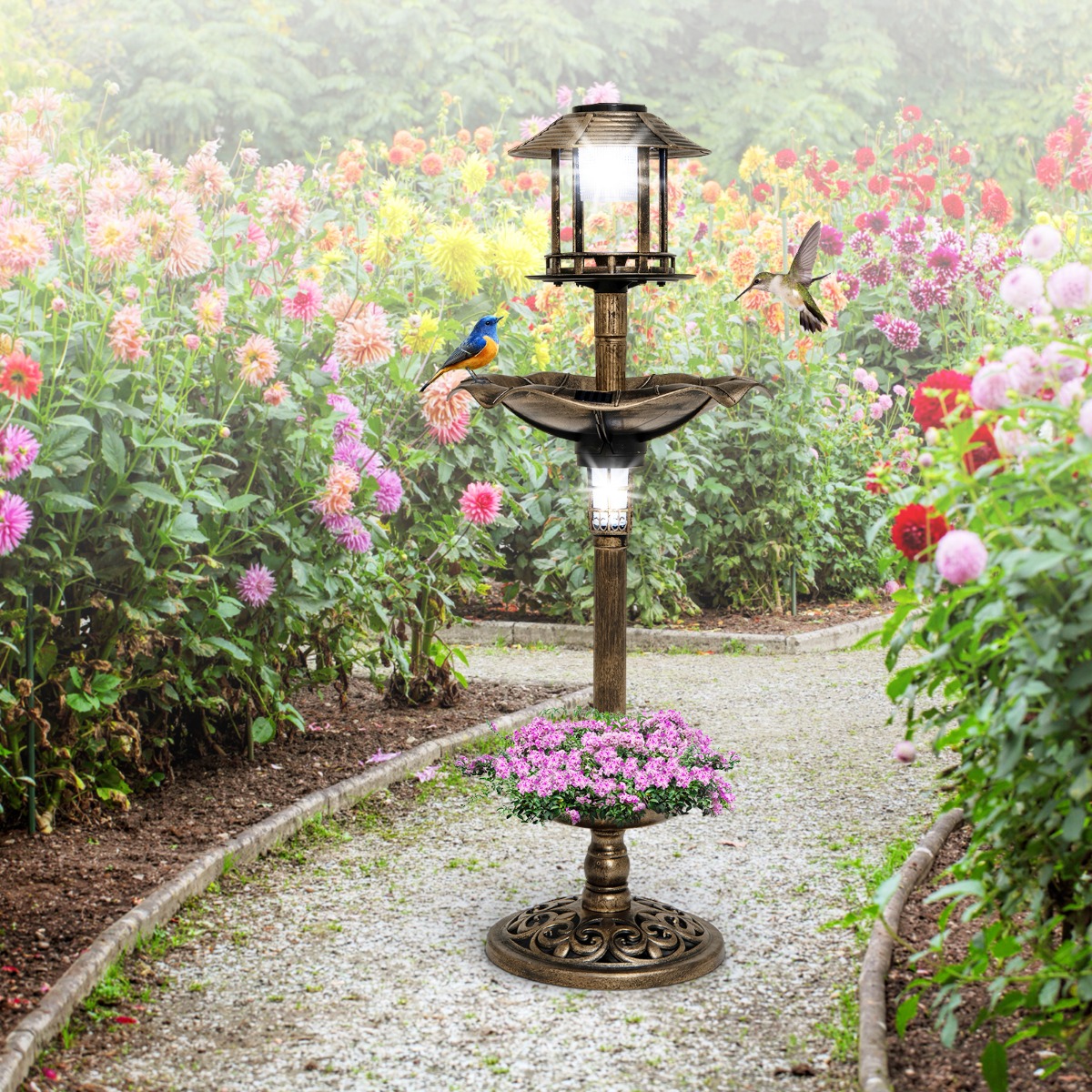 Vogeltränke mit Solarleuchte Blumentopf Vogelfutterhaus Ø43 x 110 cm Bronze
