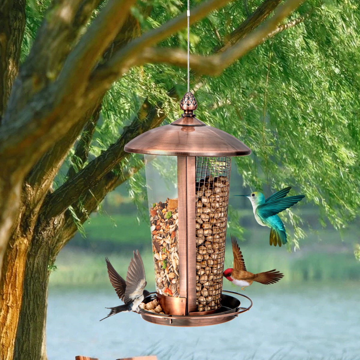 Vogelfutterspender zum Aufhängen 2-in-1-Futterhäuschen für Wildvögel 16 x 28 cm Bronze