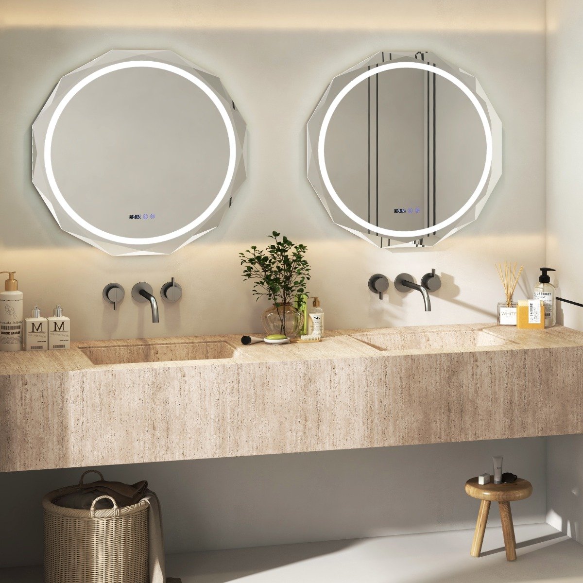 LED Badspiegel mit Beleuchtung & Uhr & Touchschalter Anti-Beschlag Badezimmerspiegel