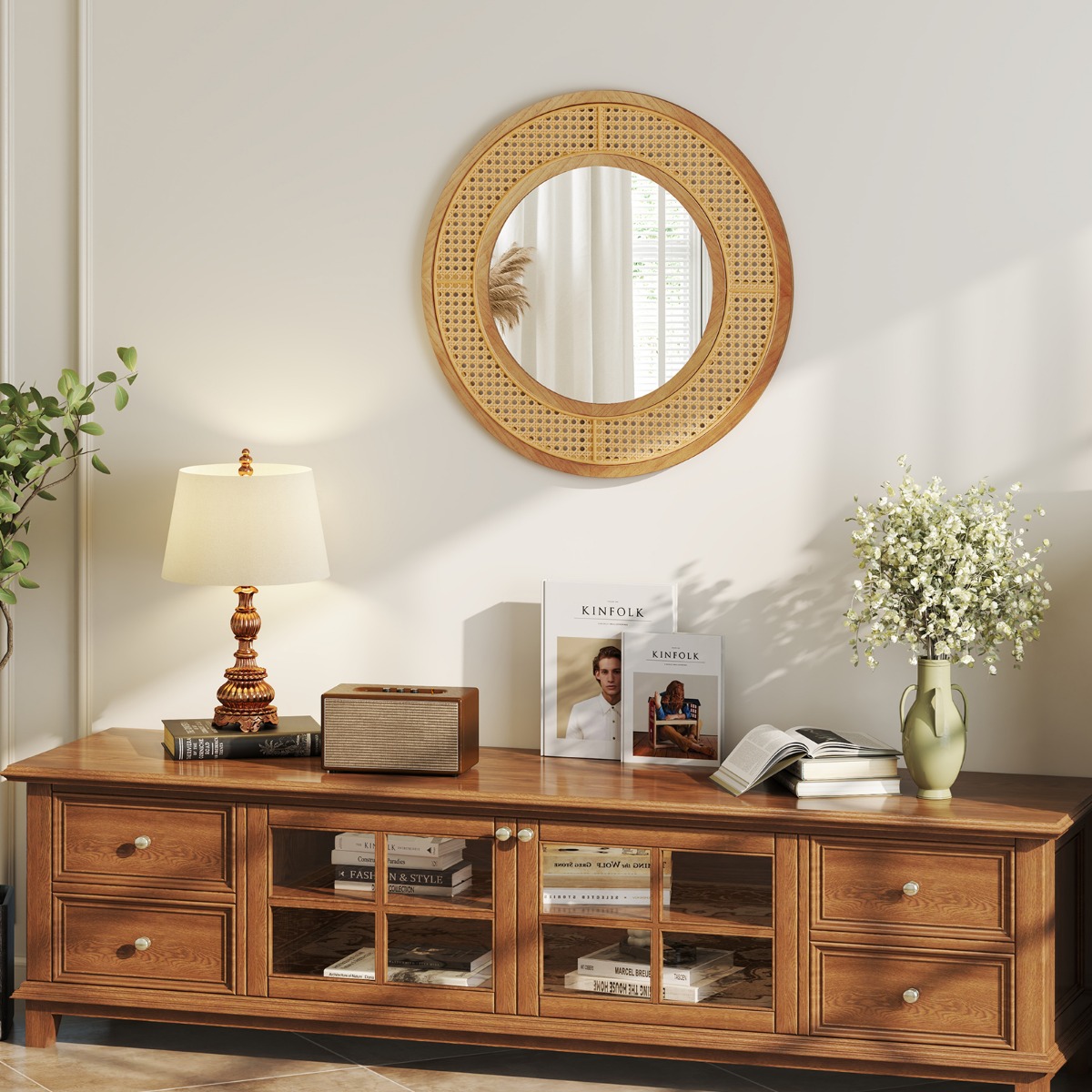 Runder Wandspiegel Rattan ∅ 65 cm dekorativer Spiegel mit Holzrahmen Natur