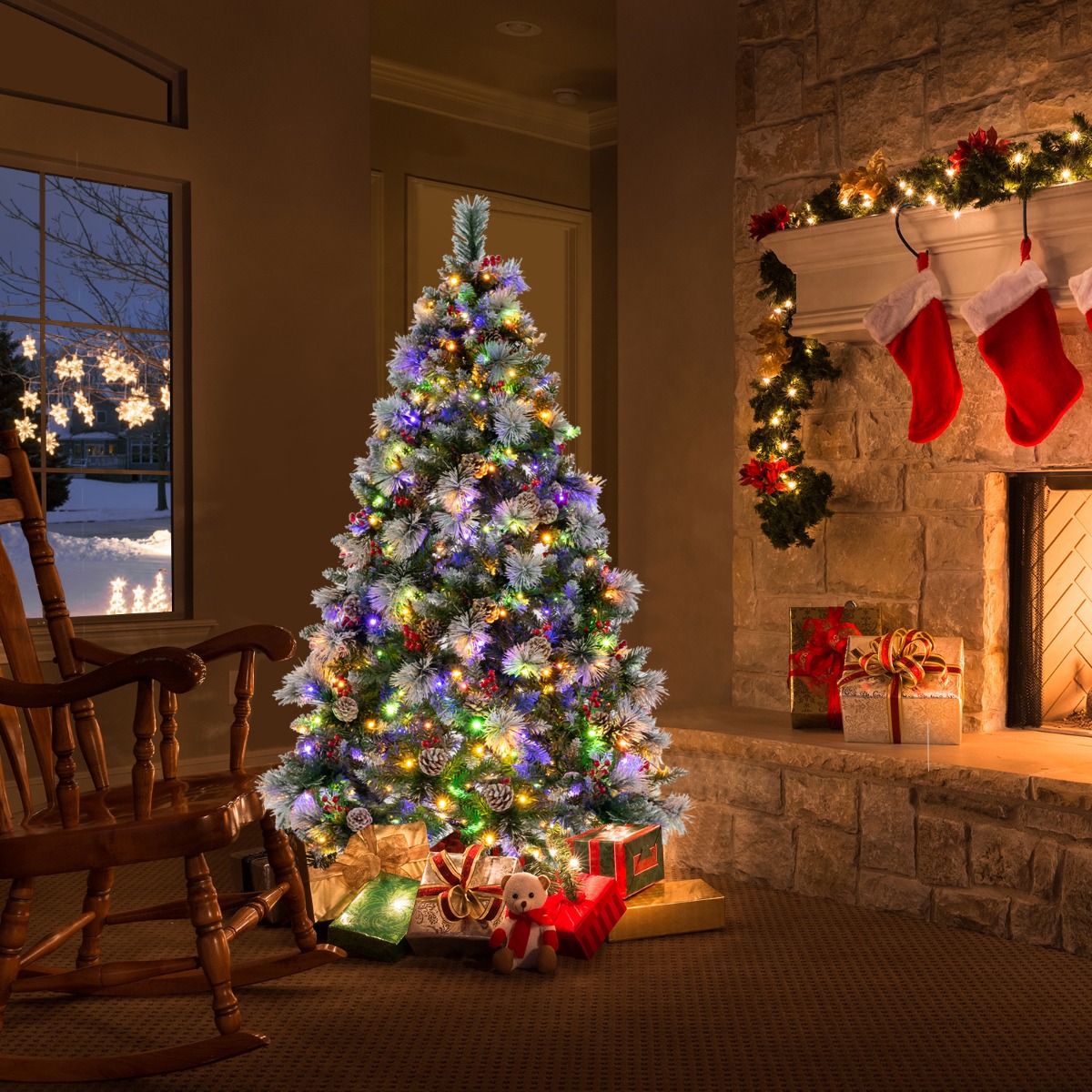Ø110 x 185 cm Beleuchteter Weihnachtsbaum mit Kiefernnadeln Grün + Weiß