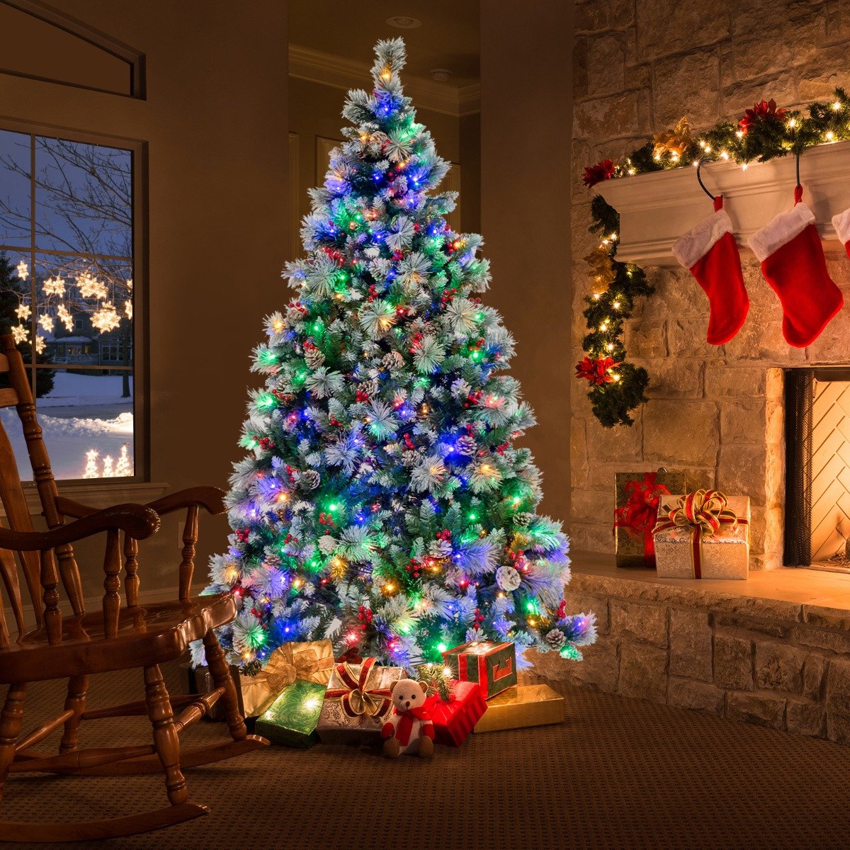 Ø125 x 215 cm Christbaum mit LED-Lichtern Weihnachtsbaum mit Beeren Grün + Weiß