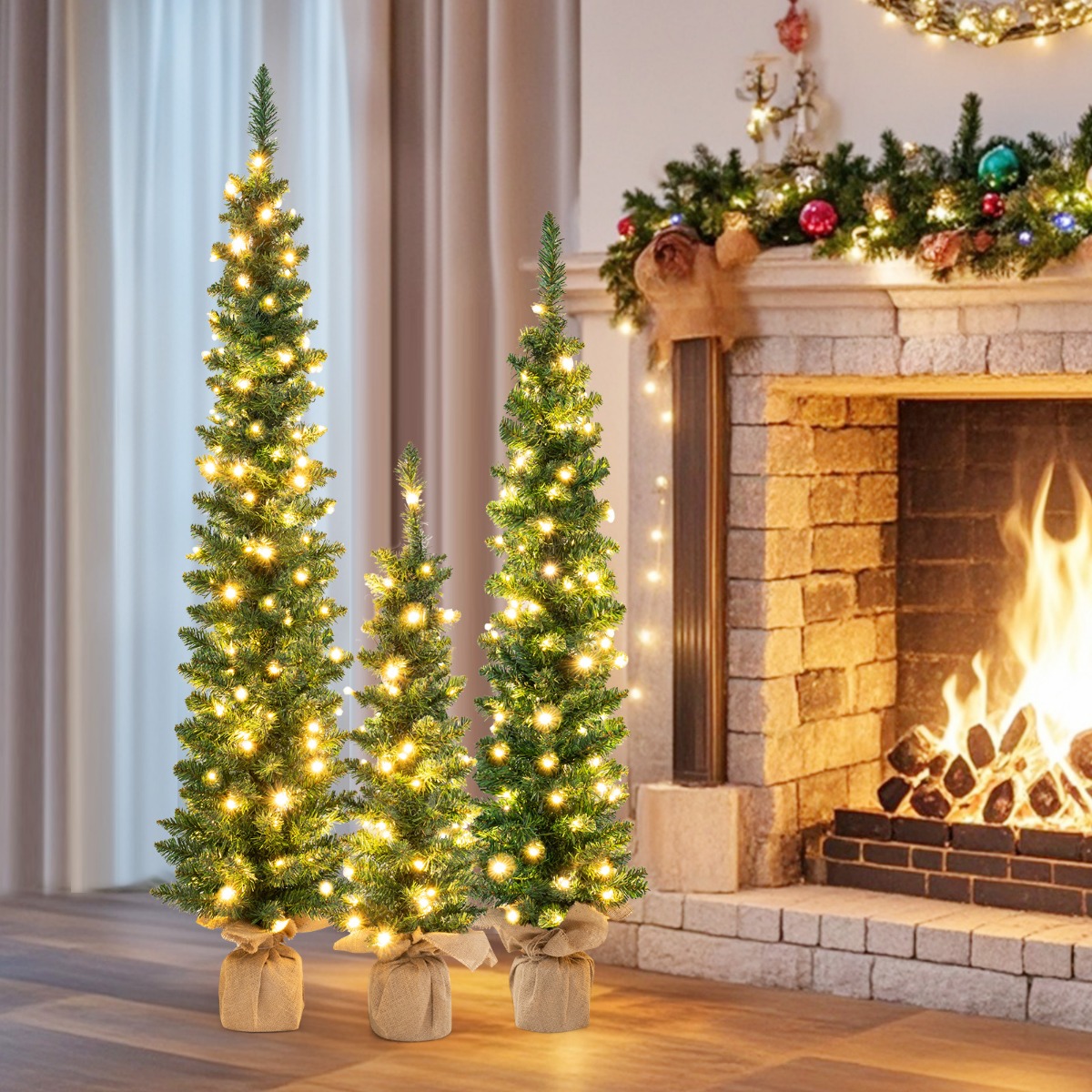Künstlicher Weihnachtsbaum 3er Set Bleistift Tannenbaum mit Beleuchtung Grün