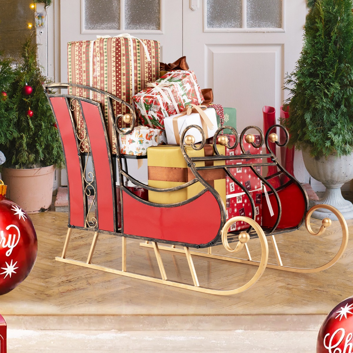 Deko Schlitten aus Metall Weihnachtsschlitten für Weihnachten 93 x 41 x 59 cm Rot