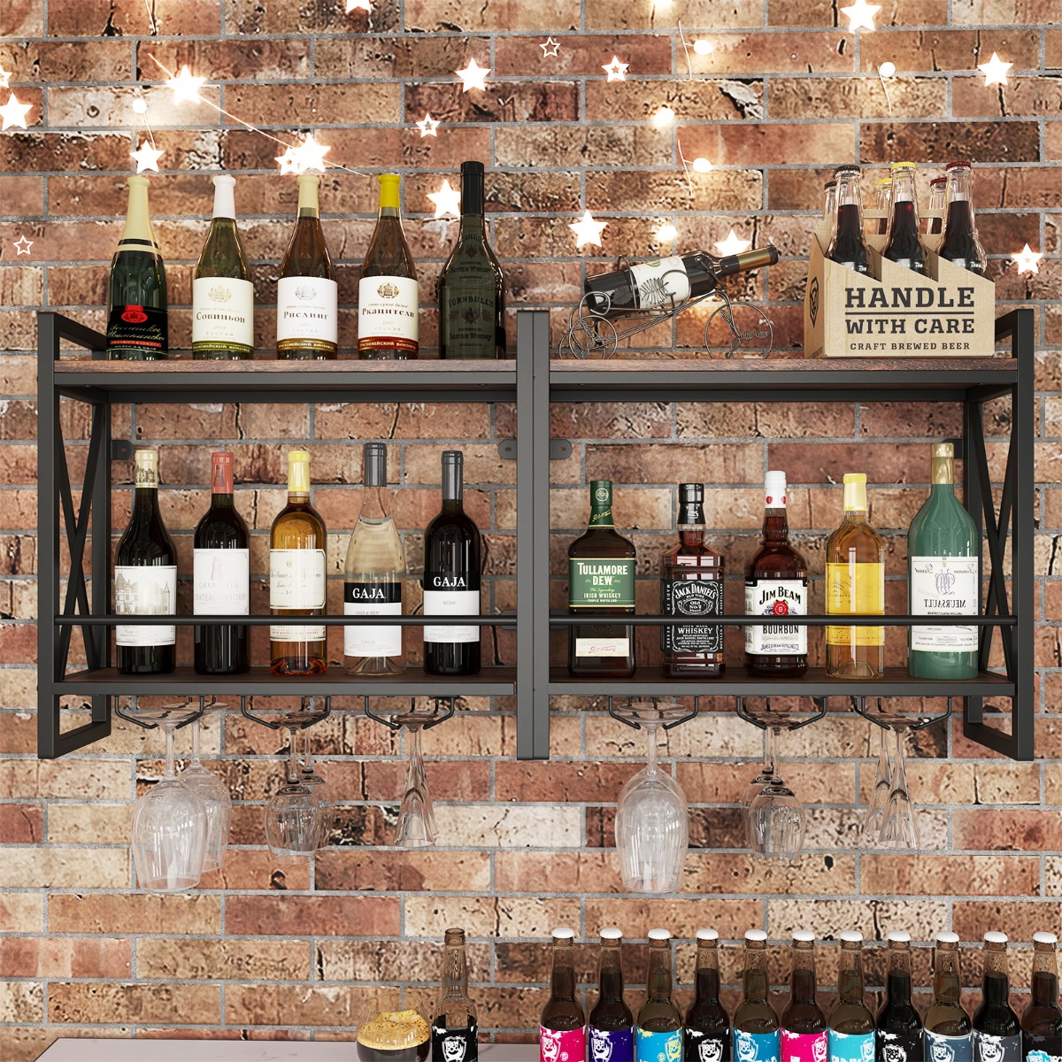 2 Ebenen Wand-Weinregal mit 3 Stielglas-Haltern Flaschenregal Holz mit Metallrahmen