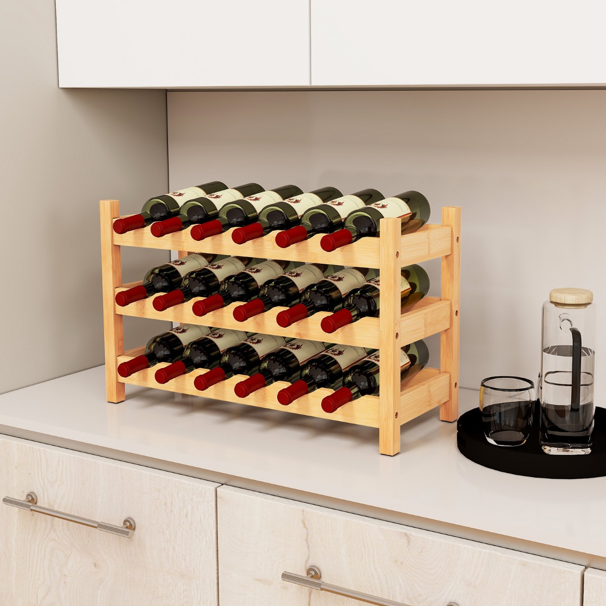 3 Ebenen Weinregal Bambus Weinständer für 18 Flaschen 62 x 24 x 38 cm Natur