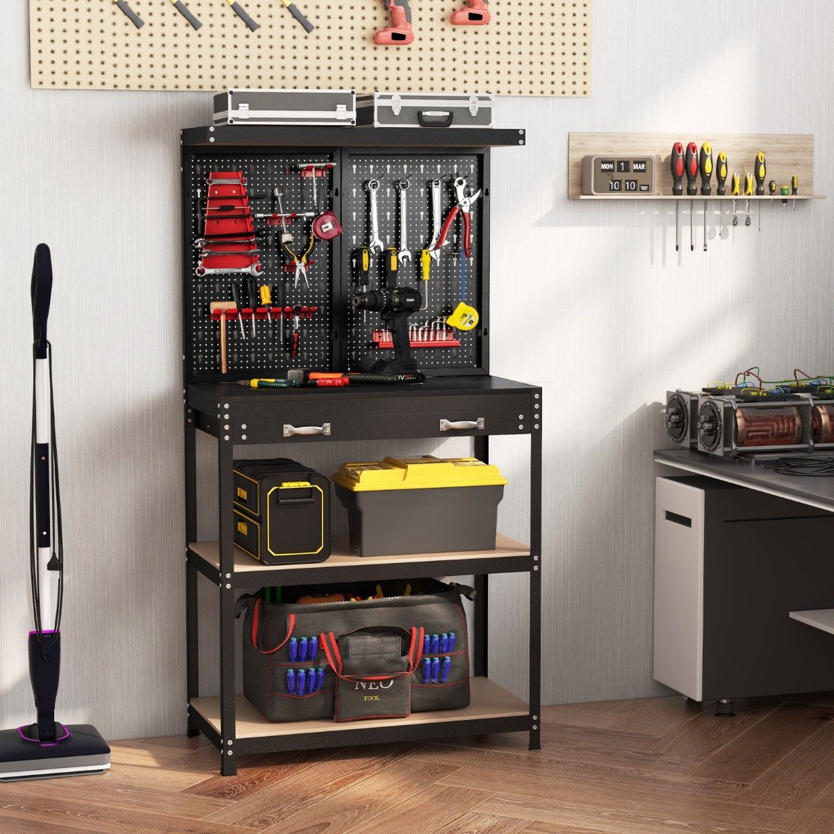 Werkbank Werkzeugbank mit Lochwand Werktisch mit Schublade 81 x 41 x 155 cm Schwarz + Rot