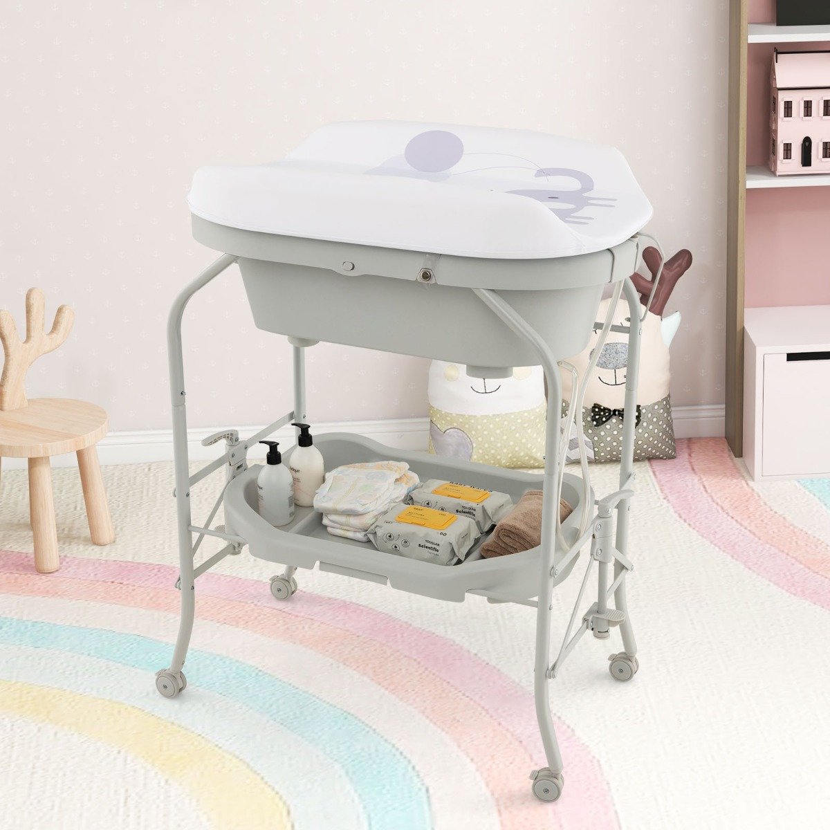 4 in 1 Klappbarer Wickeltisch mit Badewanne tragbare Wickelkommode mit Wickelauflage Hellgrau