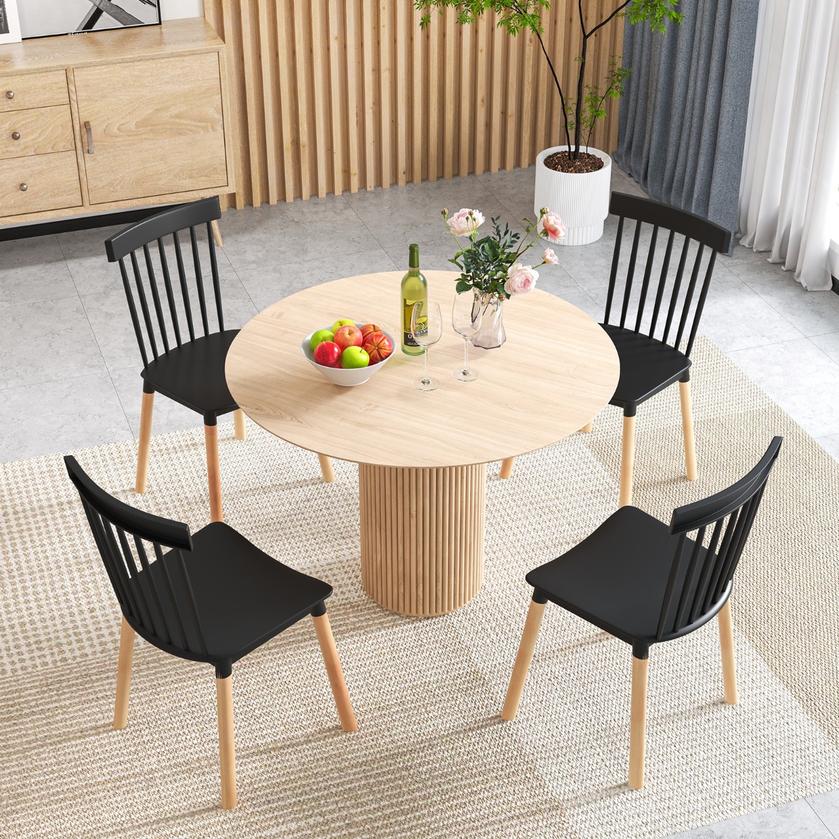 4er Set Esszimmerstühle mit Spindelrückenlehnen & Gebogenen Sitzen Armlose Stühle Schwarz