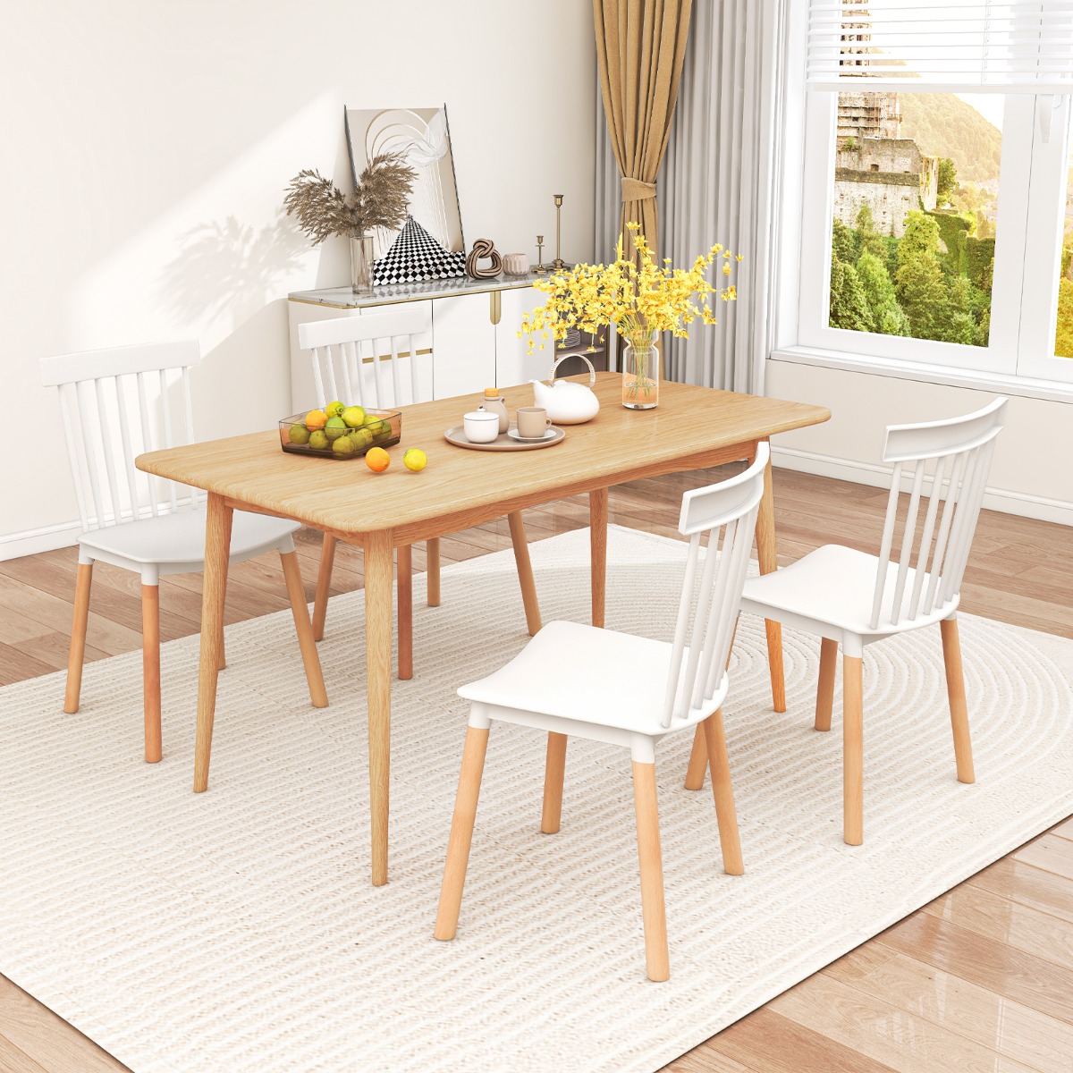 4er Set Esszimmerstühle mit Spindelrückenlehnen & Gebogenen Sitzen Armlose Stühle Weiß